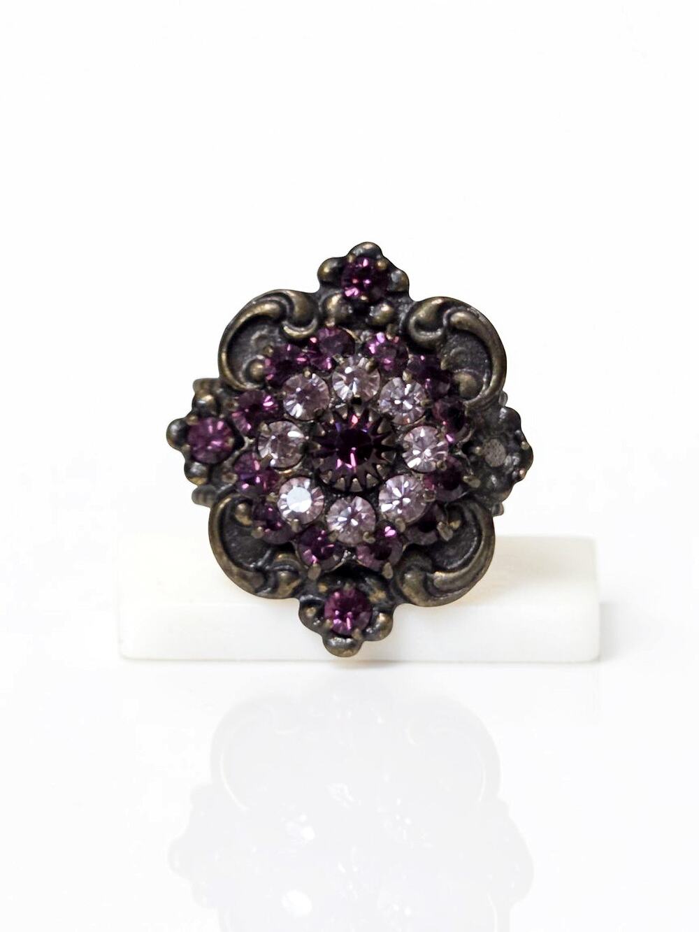 Kenny Ma Purple Distressed Metal Rhinestone Flower Ring Adjustable